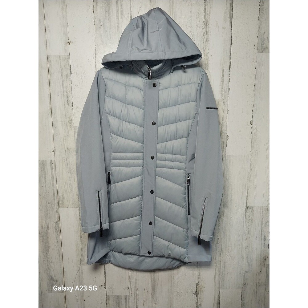 BCBGeneration Women's Medium Gray Long Puffer Coat Detachable Hood
